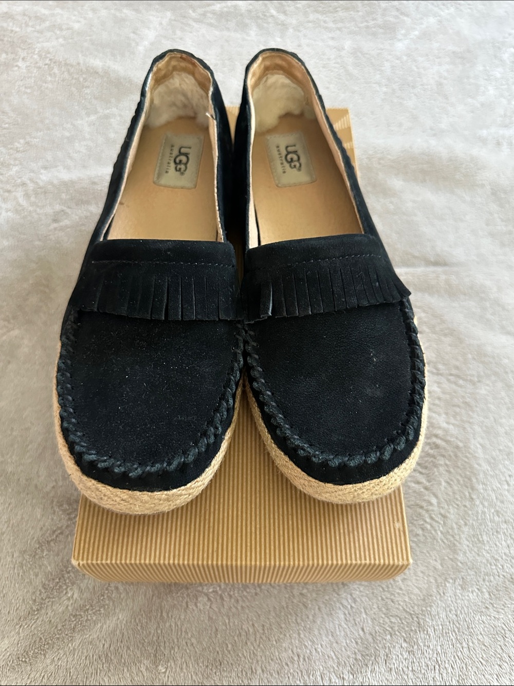 UGG Black Suede Fringe Espadrille Moccasins